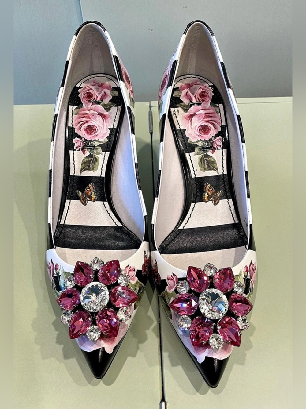 Dolce & Gabbana Rose Print Striped Leather Crystal-Embellished Pumps